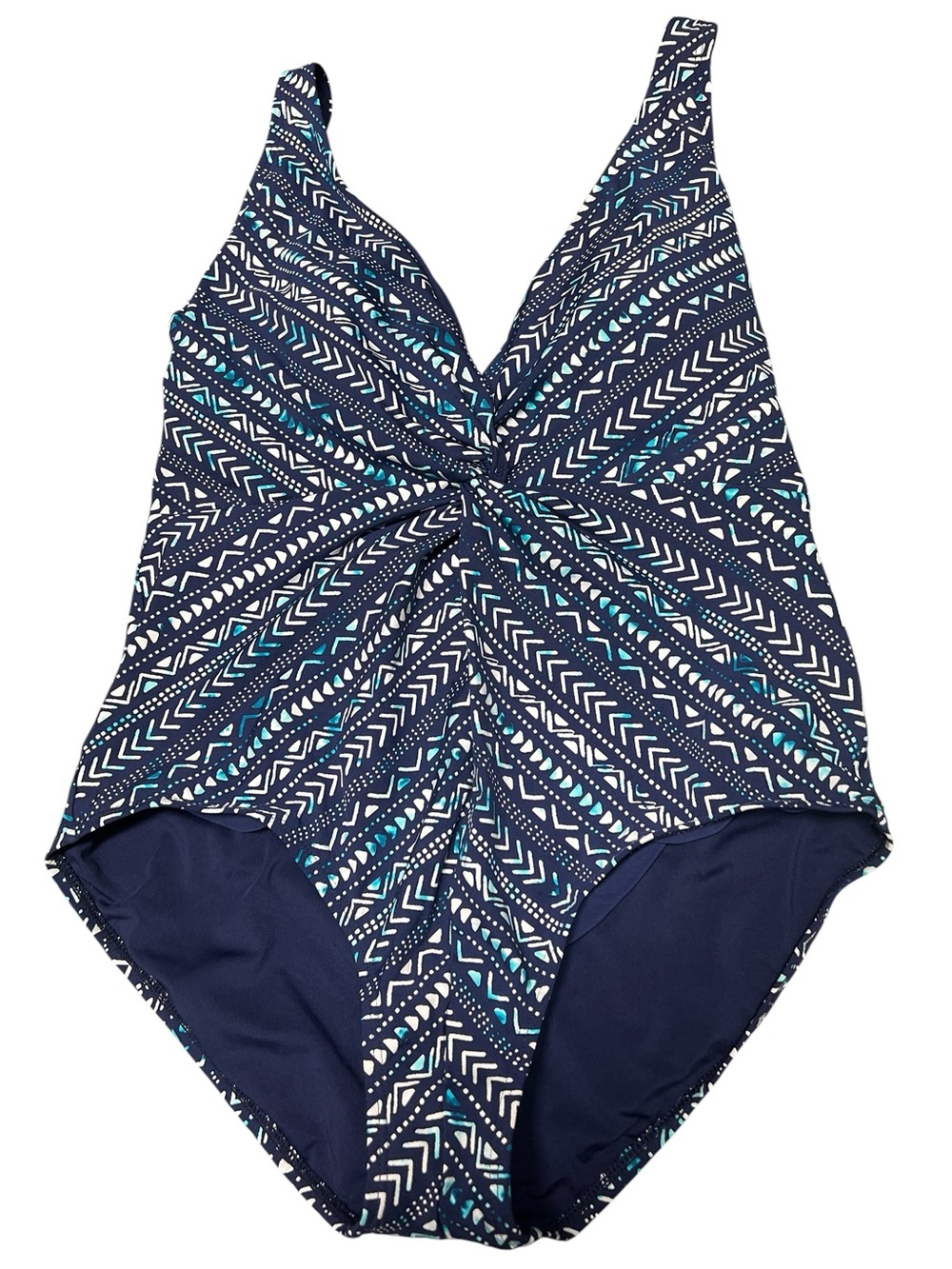 Jantzen blue and white twist front geometric print one piece swim suit